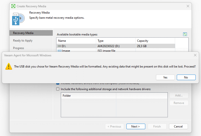 Ein Screenshot des VMware-Agenten for Windows: Erstellung Recovery Media - USB-Stick wird überschrieben.