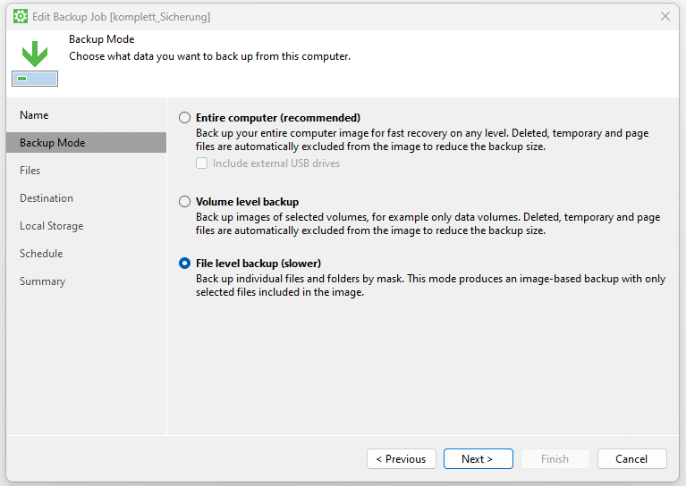 Ein Screenshot des VMware-Agenten for Windows: Neuer Backup Job - Umstellung auf File level backup, statt Entire computer.
