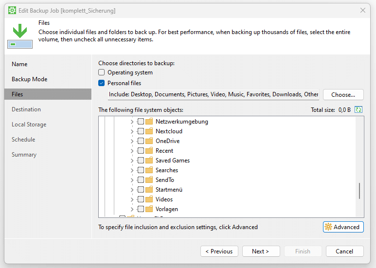 Ein Screenshot des VMware-Agenten for Windows: Neuer Backup Job - zu sichernde Ordner auswählen.
