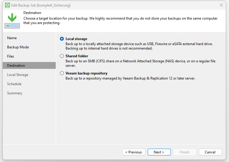 Ein Screenshot des VMware-Agenten for Windows: Neuer Backup Job - Speicherort für Daten-Backup festlegen.
