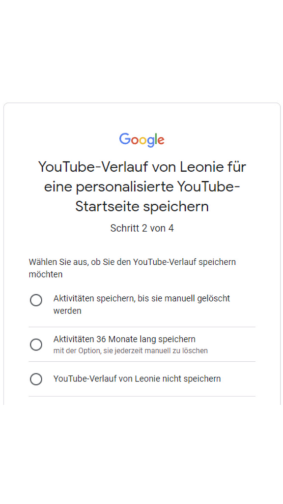 Google-Konto für Kinder: YouTube Verlauf speichern.