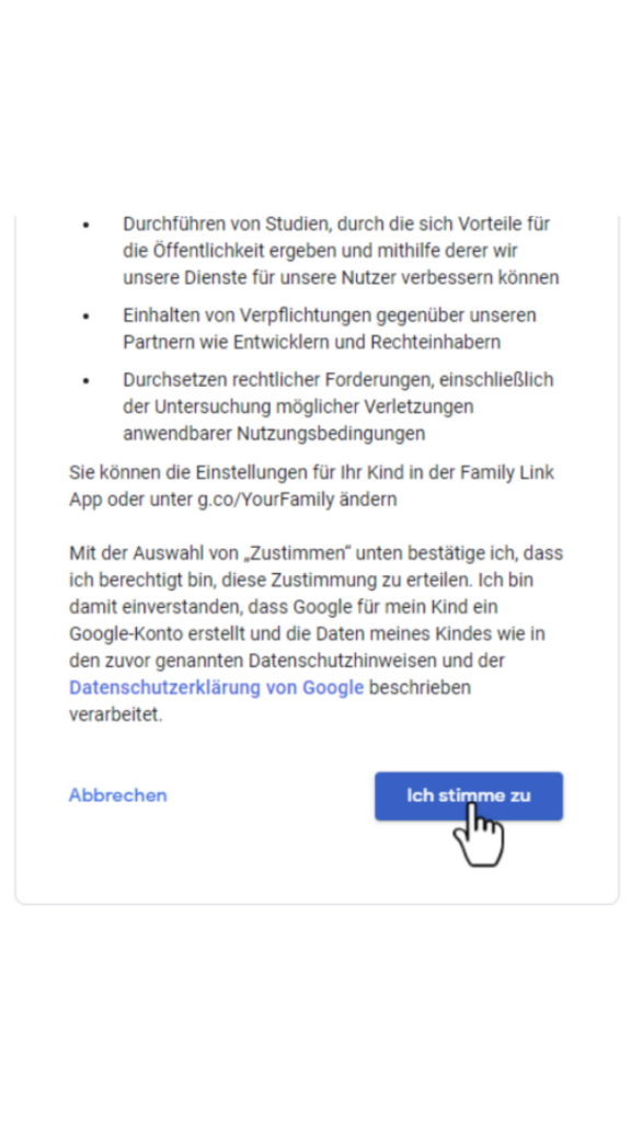 Google-Konto für Kinder: Datenschutzerklärung bestätigen.