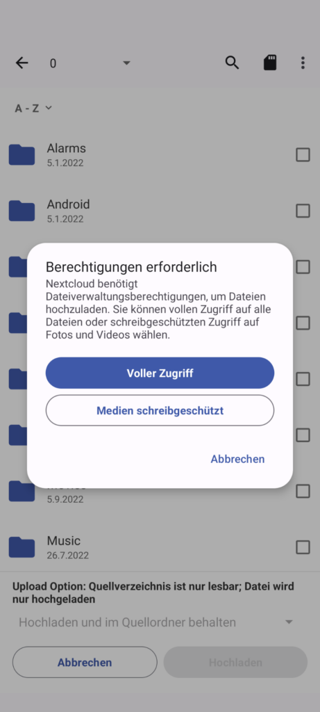 Nextcloud App für Android: vor dem ersten Upload muss der App die Berechtigung für den Dateizugriff auf Android genehmigt werden