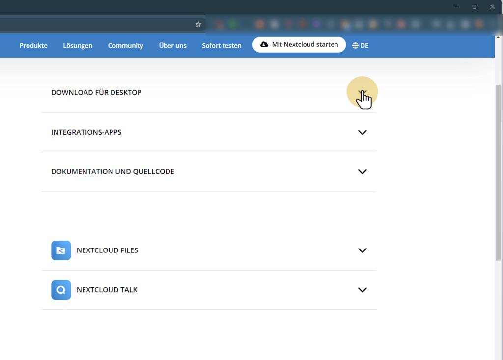 Ein Screenshot der Webseite von Nextcloud - Auswahl des Desktop-Clients.