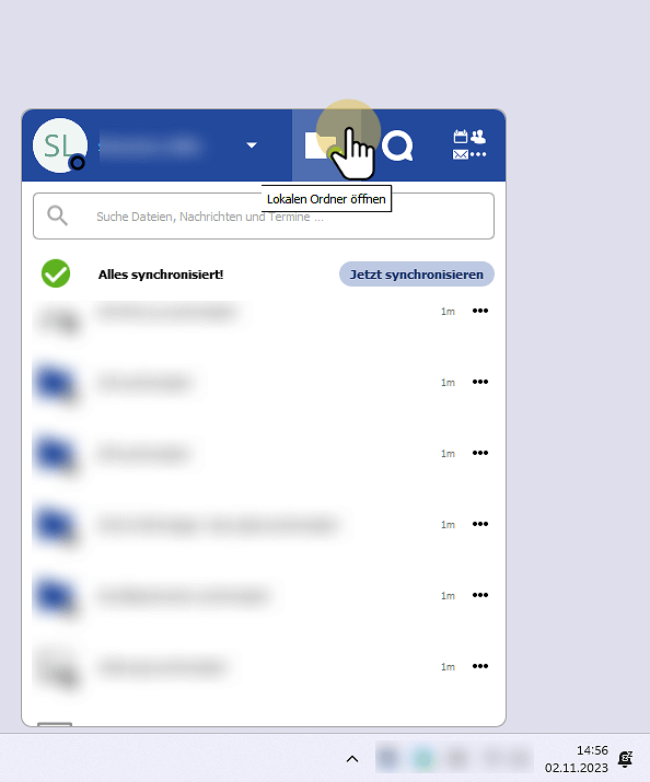 Ein Screenshot der Nexcloud-Client - Button, um den lokalen Nextcloud Ordner zu öffnen.